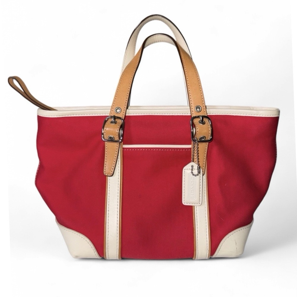 Coach Hampton Mini Canvas Tote Red Cream Leather Trim Y2K Bag Purse M2J-7741